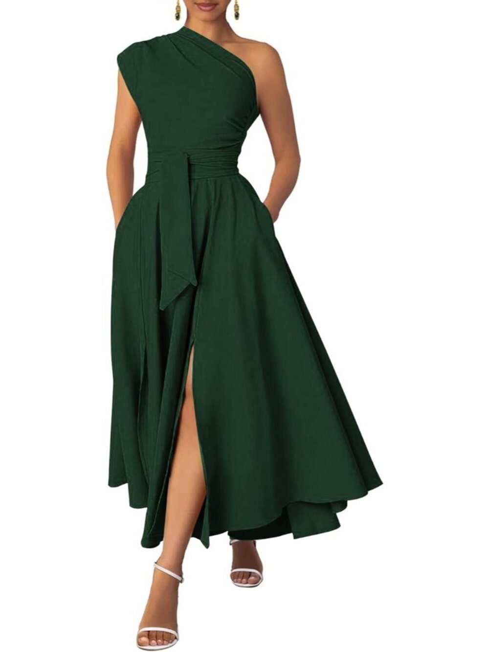 Women's Green One Shoulder Belted Formal Cocktail Pull On Solid Maxi Dress